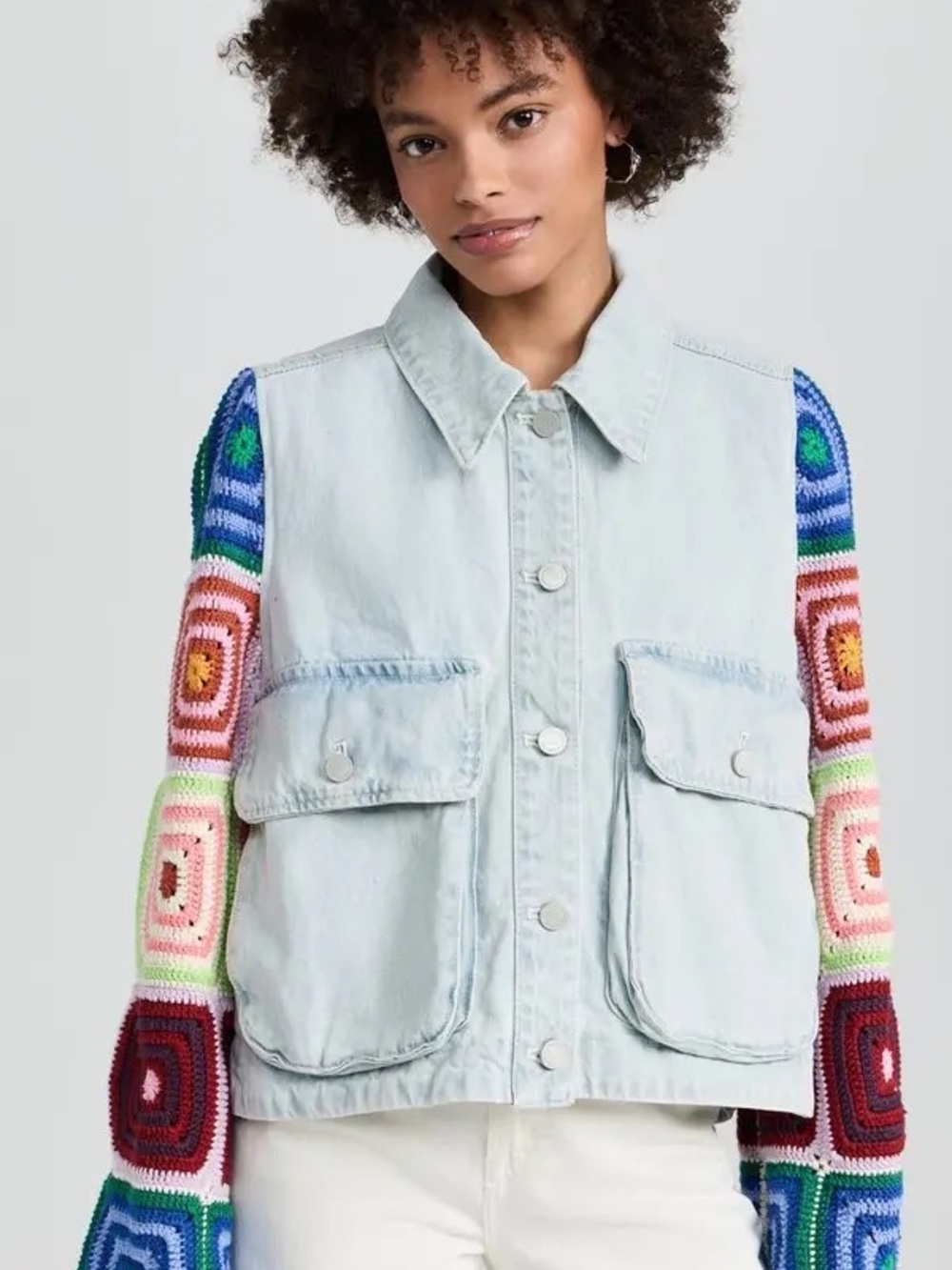 BLANK NYC Young Love Denim Jacket with Crocheted Sleeves- size S
